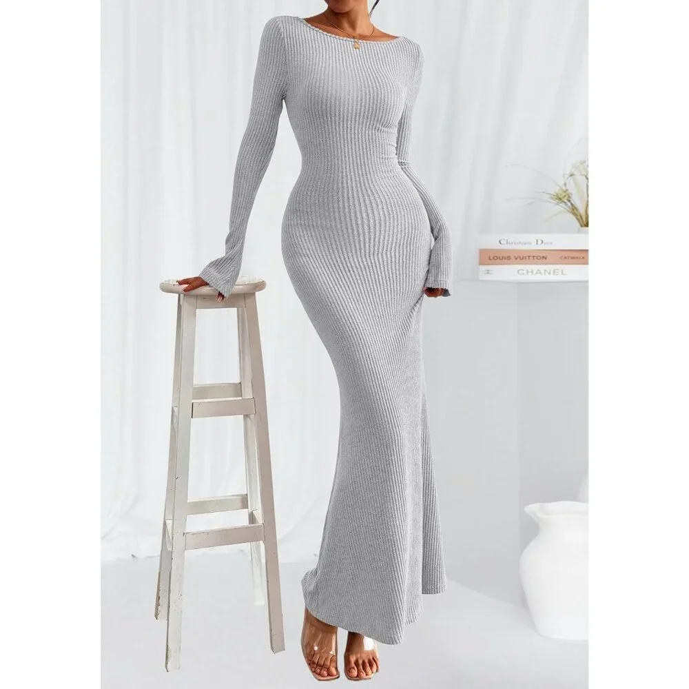 Women's Grey Long Sleeve Ribbed Knit Boat Neck Bodycon Casual Maxi Dress - Picture 8 of 8